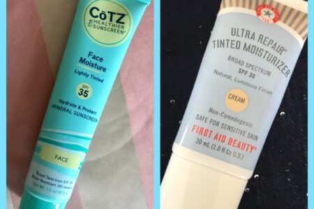 side by side tubes of Cotz Face Moisture SPF 35 and First Aid Beauty Tinted Moisturizer SPF 30, neversaydiebeauty.com