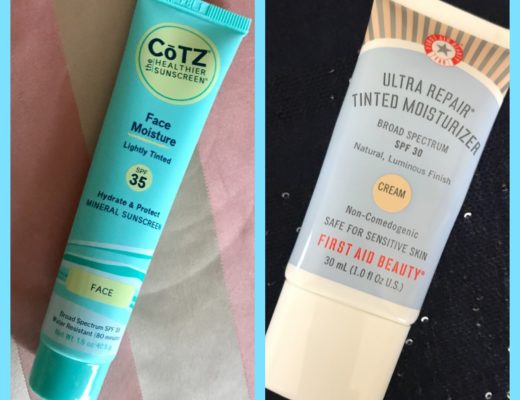 side by side tubes of Cotz Face Moisture SPF 35 and First Aid Beauty Tinted Moisturizer SPF 30, neversaydiebeauty.com