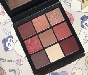 Huda Beauty Mauve Obsessions eyeshadow palette open to show the 9 shades, neversaydiebeauty.com