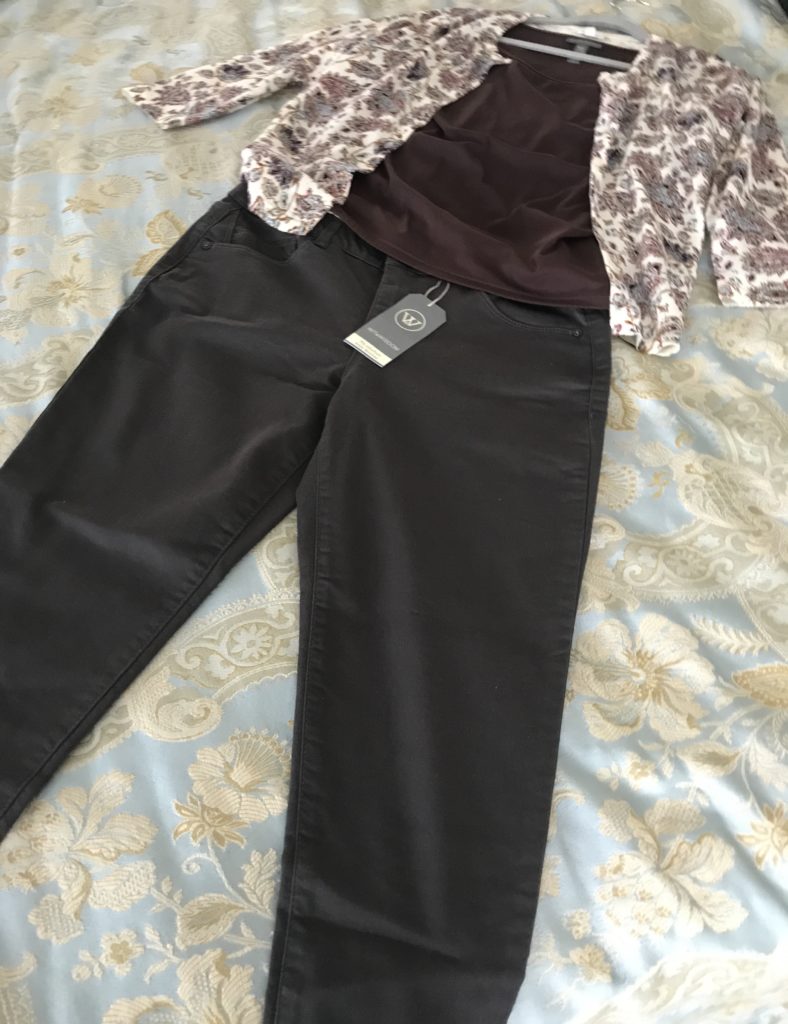 cream & brown print Garnet Hill cardigan with dark blackened brown Wit & Wisdom pants, neversaydiebeauty.com