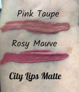 swatches of Pink Taupe and Rosy Mauve from City Lips Matte, neversaydiebeauty.com