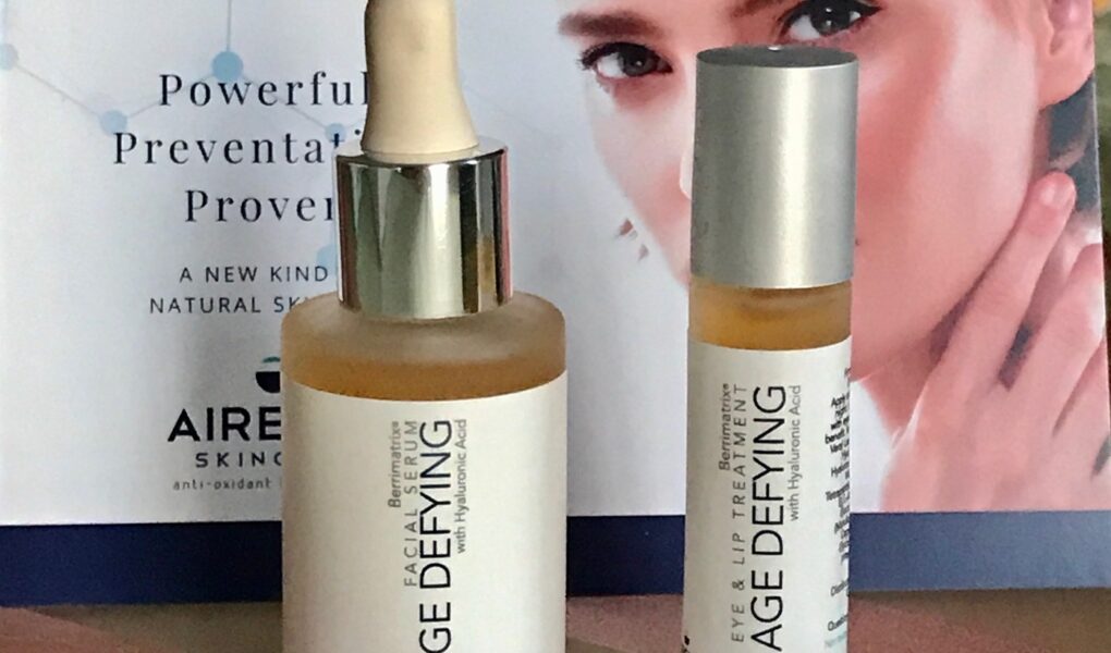 dropper bottle of Airelle Age-Defying Face Serum and rollerball bottle of Eye & Lip Treatment, neversaydiebeauty.com