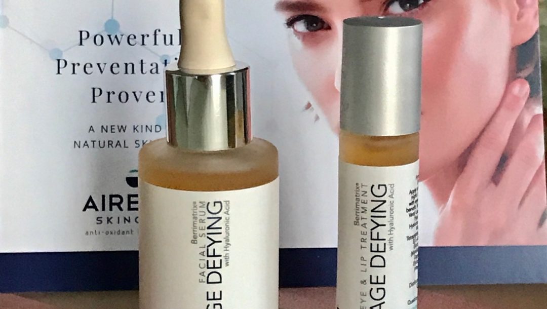 dropper bottle of Airelle Age-Defying Face Serum and rollerball bottle of Eye & Lip Treatment, neversaydiebeauty.com