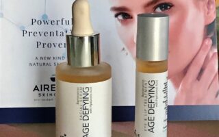 dropper bottle of Airelle Age-Defying Face Serum and rollerball bottle of Eye & Lip Treatment, neversaydiebeauty.com