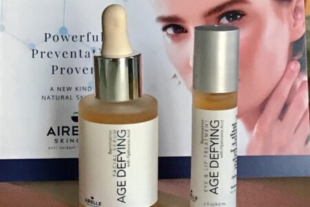 dropper bottle of Airelle Age-Defying Face Serum and rollerball bottle of Eye & Lip Treatment, neversaydiebeauty.com