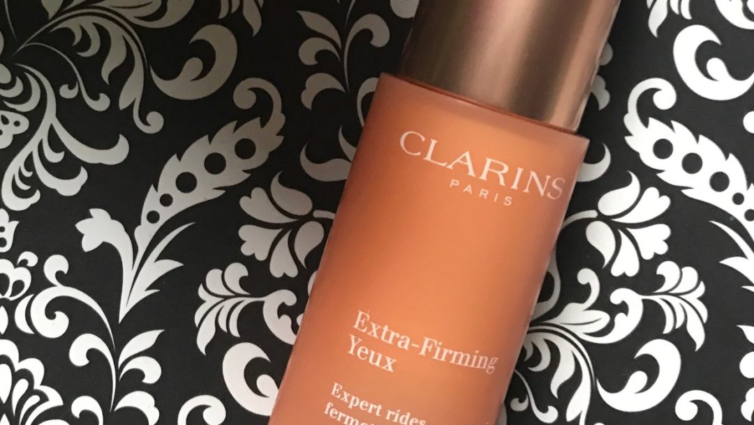 closeup of the bottle of Clarins Extra-Firming Eye, neversaydiebeauty.com