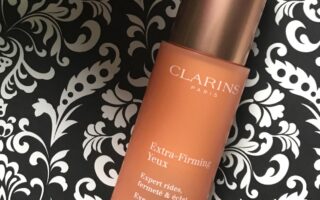 closeup of the bottle of Clarins Extra-Firming Eye, neversaydiebeauty.com