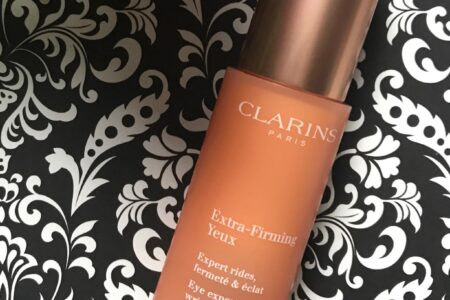 closeup of the bottle of Clarins Extra-Firming Eye, neversaydiebeauty.com