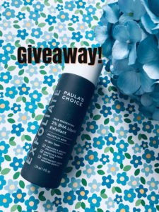 bottle of Paula's Choice 2% BHA Liquid Exfoliant with giveaway written above it, neversaydiebeauty.com