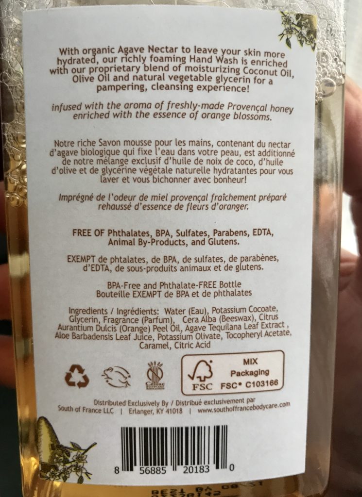 back panel of the South of France Foaming Wash bottle showing ingredients and other information about the product, neversaydiebeauty.com