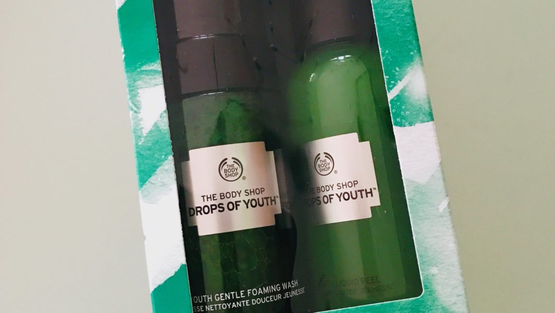 green & white box holding The Body Shop Drops of Youth Cleansing Duo: Gentle Foaming Wash and Liquid Peel