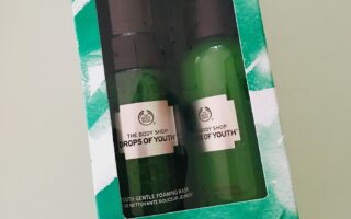 green & white box holding The Body Shop Drops of Youth Cleansing Duo: Gentle Foaming Wash and Liquid Peel