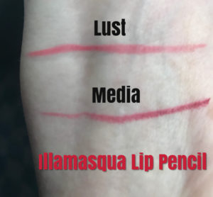 swatches of 2 Illamasqua Lip Pencils, pink-coral Lust and cranberry red Media, neversaydiebeauty.com