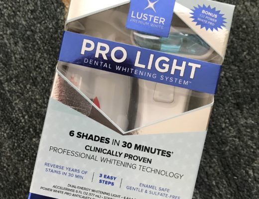 box containing Luster Premium White Pro Light teeth whitening kit, neversaydiebeauty.com