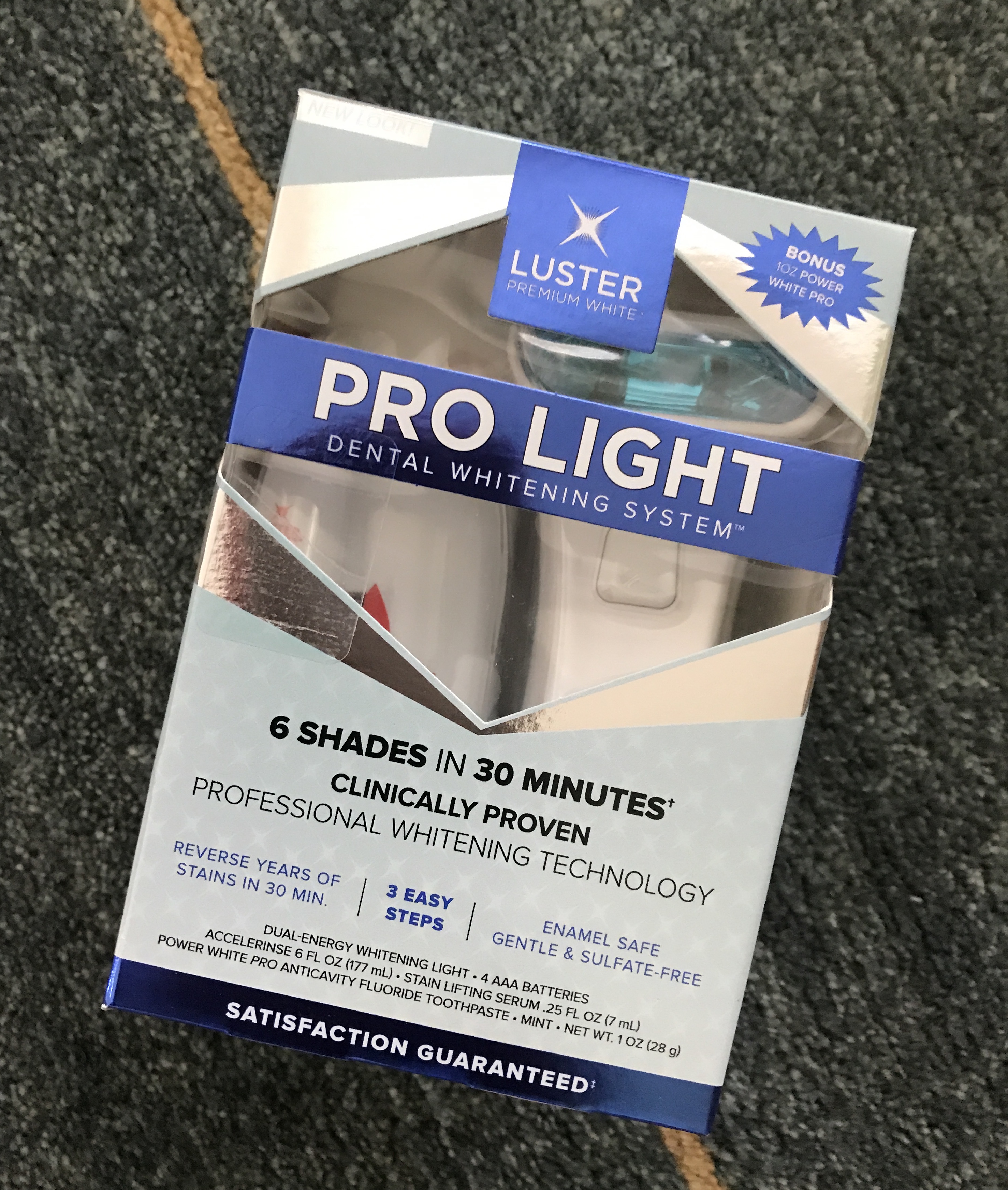 box containing Luster Premium White Pro Light teeth whitening kit, neversaydiebeauty.com