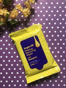 bright yellow & purple package containing Hanhoo Argan Oil Makeup Removing Wipes with Vitamin C, neversaydiebeauty.com