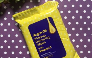 bright yellow & purple package containing Hanhoo Argan Oil Makeup Removing Wipes with Vitamin C, neversaydiebeauty.com