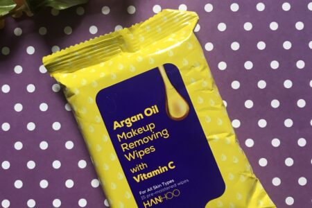 bright yellow & purple package containing Hanhoo Argan Oil Makeup Removing Wipes with Vitamin C, neversaydiebeauty.com