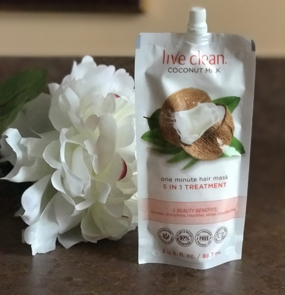 Live Clean Coconut Milk One Minute Hair Mask in an eco-friendly pouch, neversaydiebeauty.com