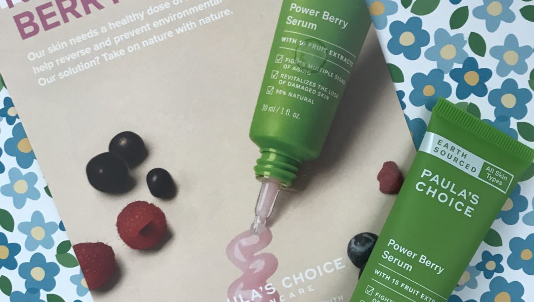 Paula's Choice Power Berry Serum in bright green tube along with the product card introducing it, neversaydiebeauty.com