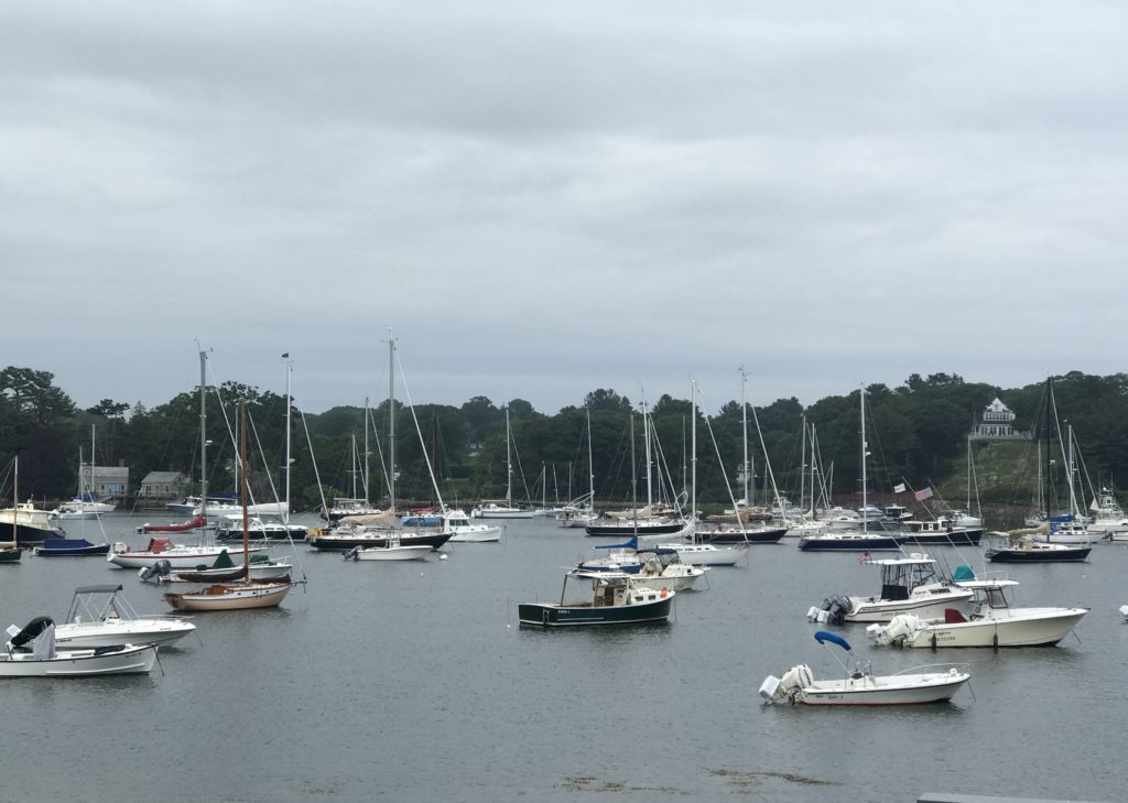 Manchester harbor at Tuck's Point, Manchester-by-the-Sea MA with boats under a grey sky, neversaydiebeauty.com