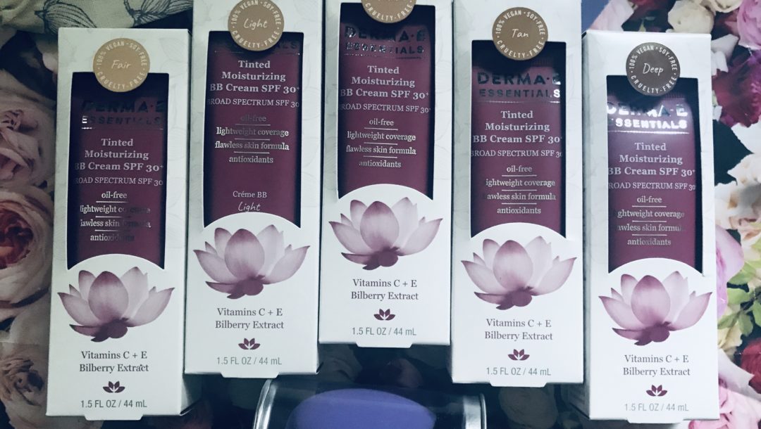 tubes of Derma E Tinted Moisturizing BB Cream SPF 30 in their outer packaging, 5 shades