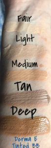 swatches of the 5 shades of Derma E Tinted Moisturizing BB Cream SPF 30 in natural daylight, neversaydiebeauty.com