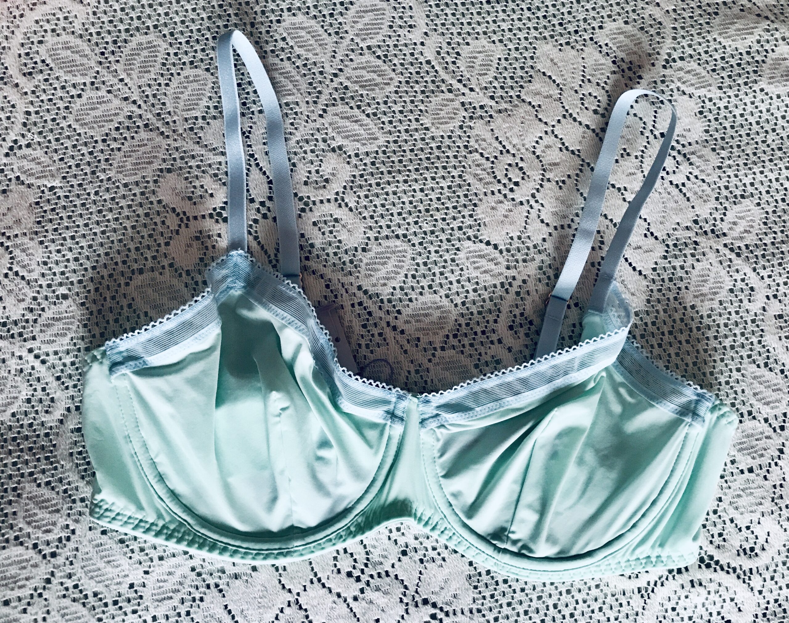 seafoam green bra with pale blue straps and trim from Savage x Fenty, neversaydiebeauty.com