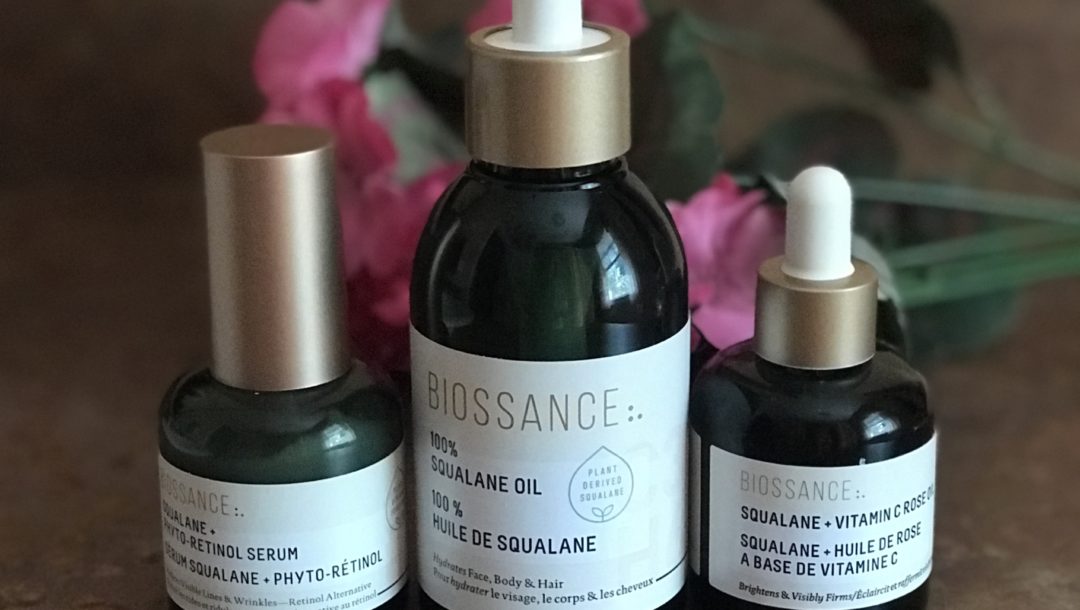 3 bottles of Biossance squalane skincare products: Phyto-Retinol, Squalane Oil & Vitamin C Rose Oil