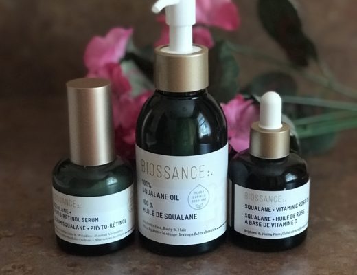 3 bottles of Biossance squalane skincare products: Phyto-Retinol, Squalane Oil & Vitamin C Rose Oil