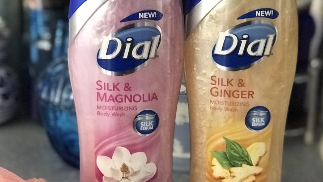 two 16 oz bottles of Dial Silk & Magnolia and Silk & Ginger Moisturizing Body Wash on the vanity with a pouf