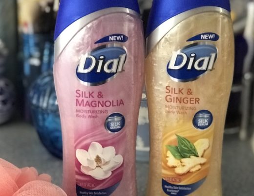two 16 oz bottles of Dial Silk & Magnolia and Silk & Ginger Moisturizing Body Wash on the vanity with a pouf