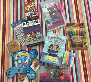 the prizes - toys and activities - in the giveaway box for campers