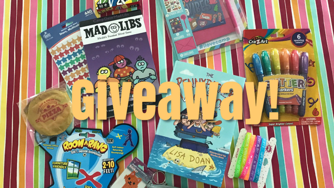 fun book, toys and activities in the camper's giveaway box