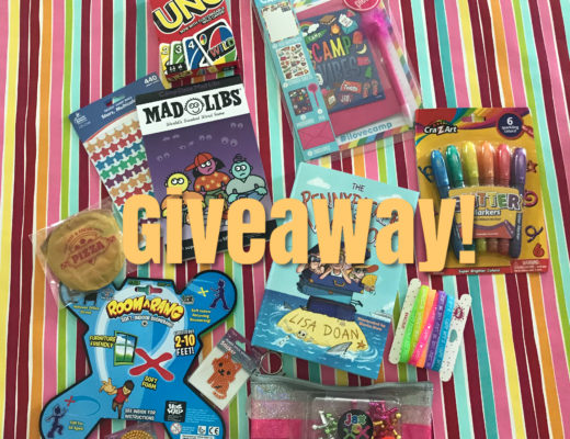 fun book, toys and activities in the camper's giveaway box