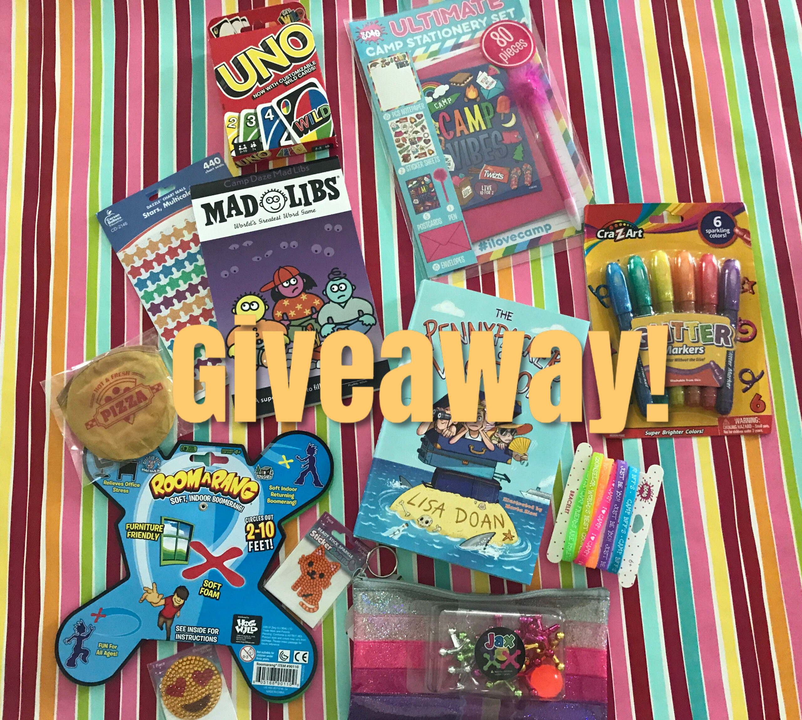 fun book, toys and activities in the camper's giveaway box