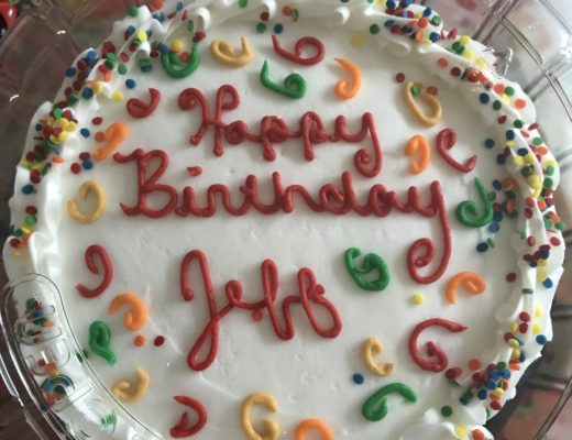 top of Jeff's birthday cake with confetti decorations for 2019