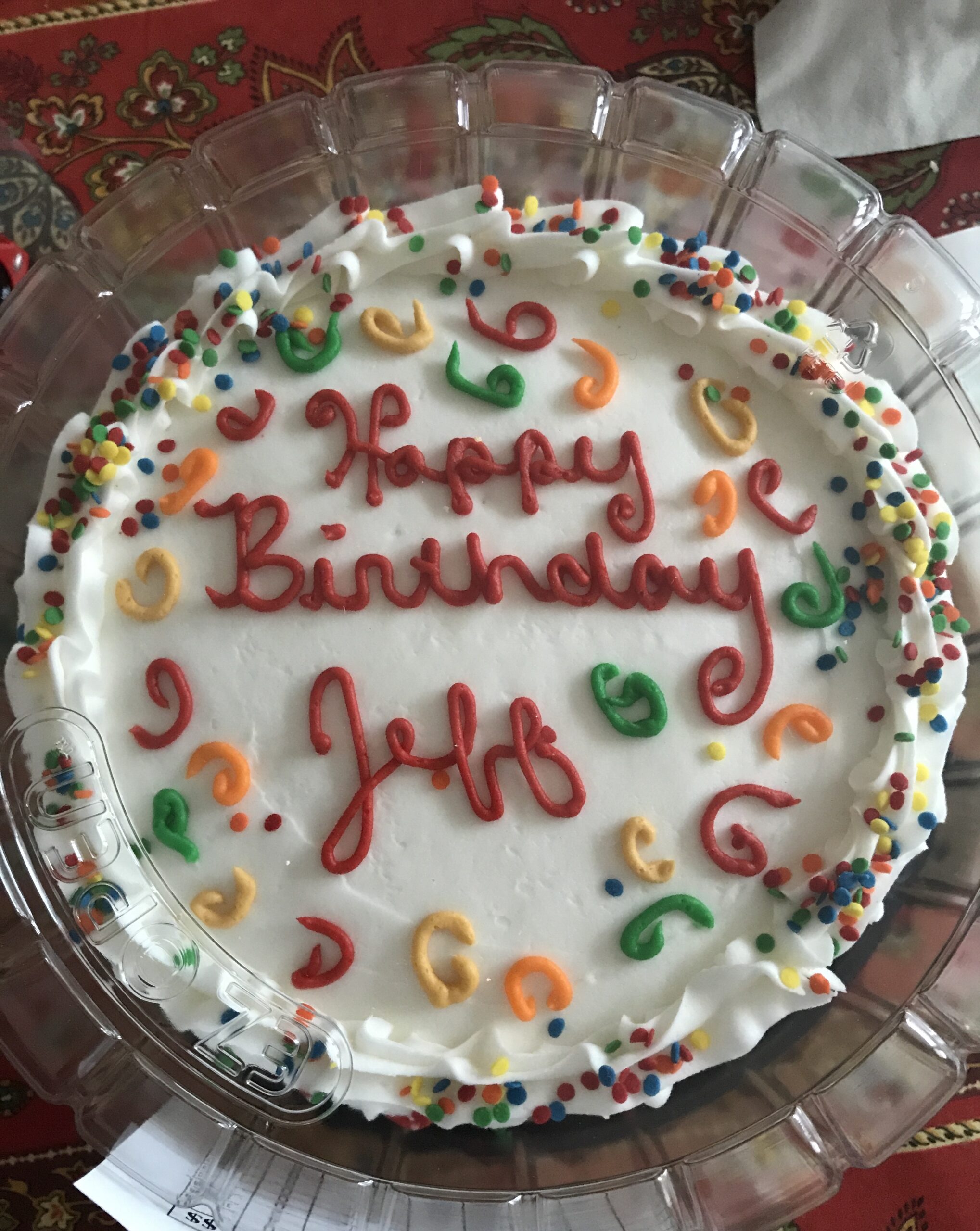 top of Jeff's birthday cake with confetti decorations for 2019