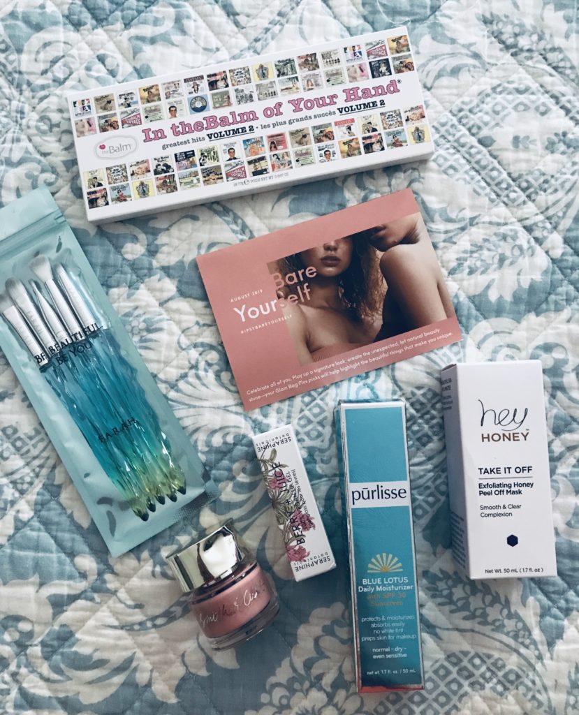 the contents of my Ipsy Glam Bag Plus "Bare Yourself" for August 2019