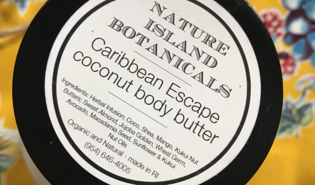 label on Nature Island Botanicals jar of Caribbean Escape Body Butter