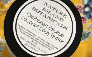 label on Nature Island Botanicals jar of Caribbean Escape Body Butter