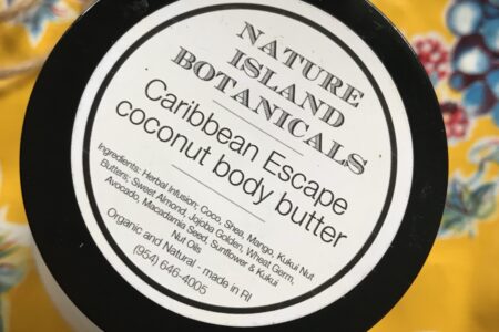 label on Nature Island Botanicals jar of Caribbean Escape Body Butter