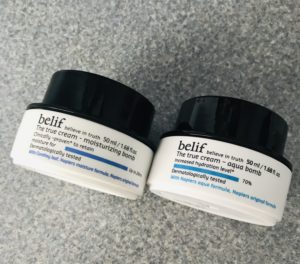 two jars of belif moisturizers: The True Cream Moisturizing Bomb and Aqua Bomb