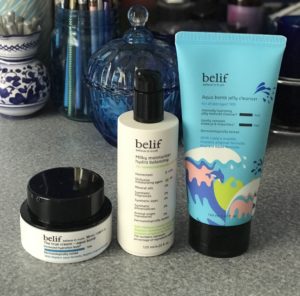 three facial skincare products from belif Skincare for normal and combination skin: Aqua Bomb, Milky Hydrating Balancing Moisturizer and Aqua Jelly Cleanser