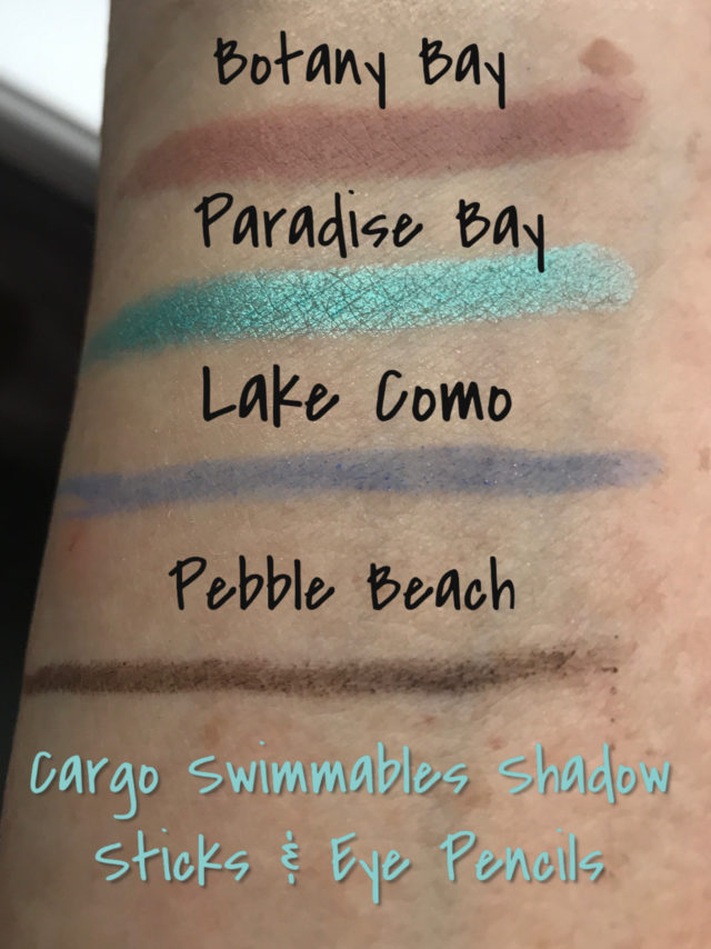 swatches of Cargo Swimmables Eye Shadow Sticks shades Botany Bay (pink-mauve) and Paradise Bay (aqua) & Eye Pencils: Lake Como (blue) & Pebble Beach (brown)