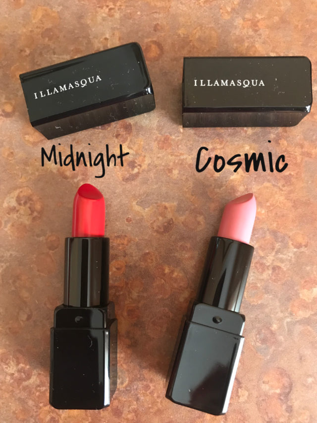 two shades of Illamasqua Antimatter Lipstick: Midnight (red) and Cosmic (pale peachy-pink)