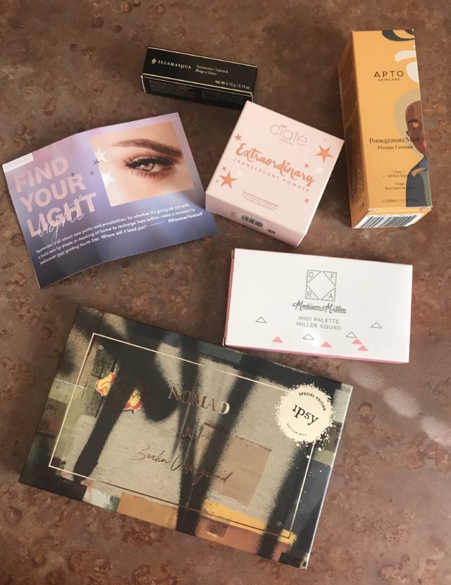 cosmetics in their packaging and product card from my September 2019 Ipsy Plus box