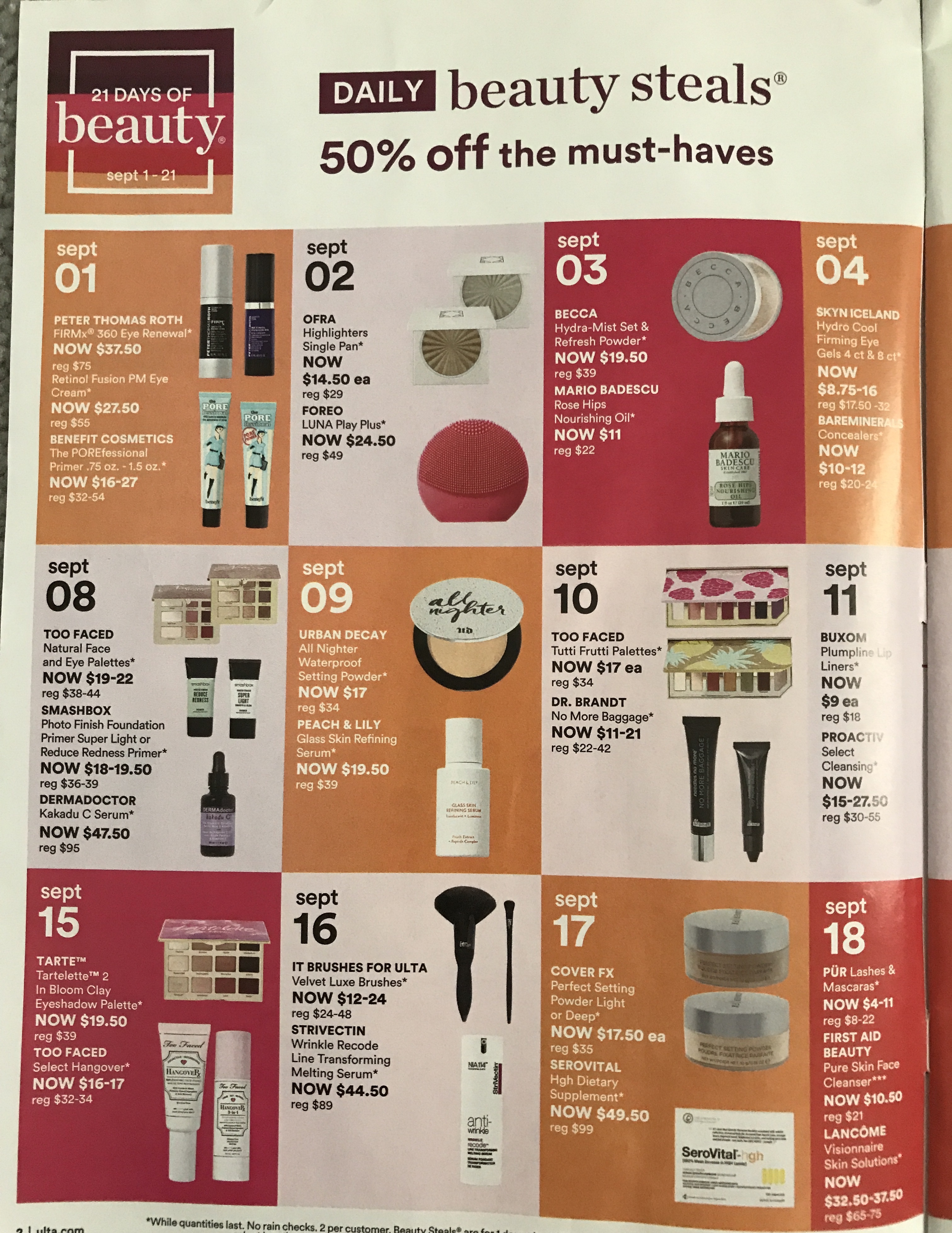 lost of sale items on each calendar day from Sept 1-21 for Ulta 21 Days of Beauty - left hand side of the catalogue