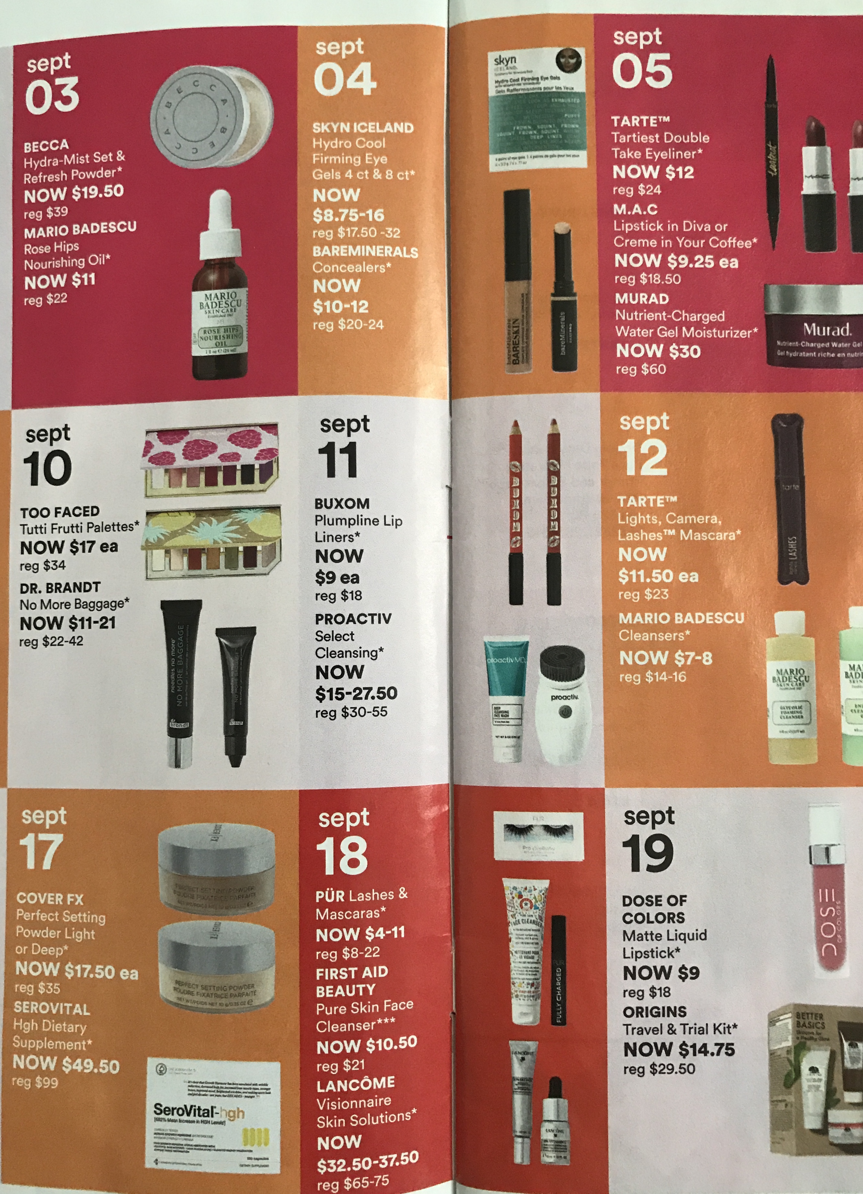 lost of sale items on each calendar day from Sept 1-21 for Ulta 21 Days of Beauty - middle column of the catalogue