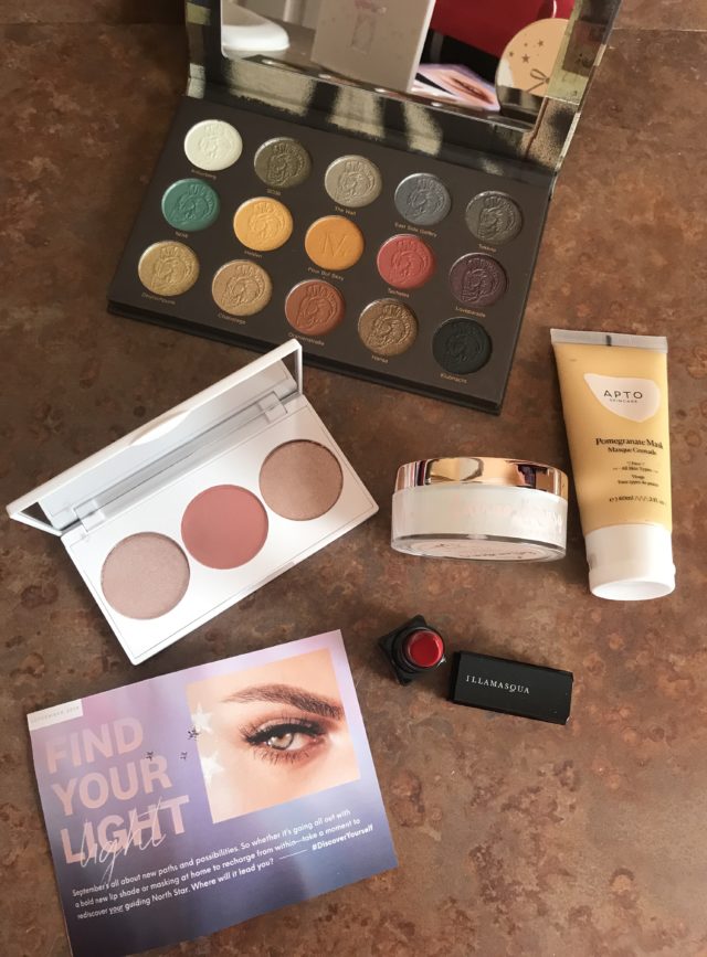 cosmetics in my September 2019 Ipsy Plus box open to show the shades